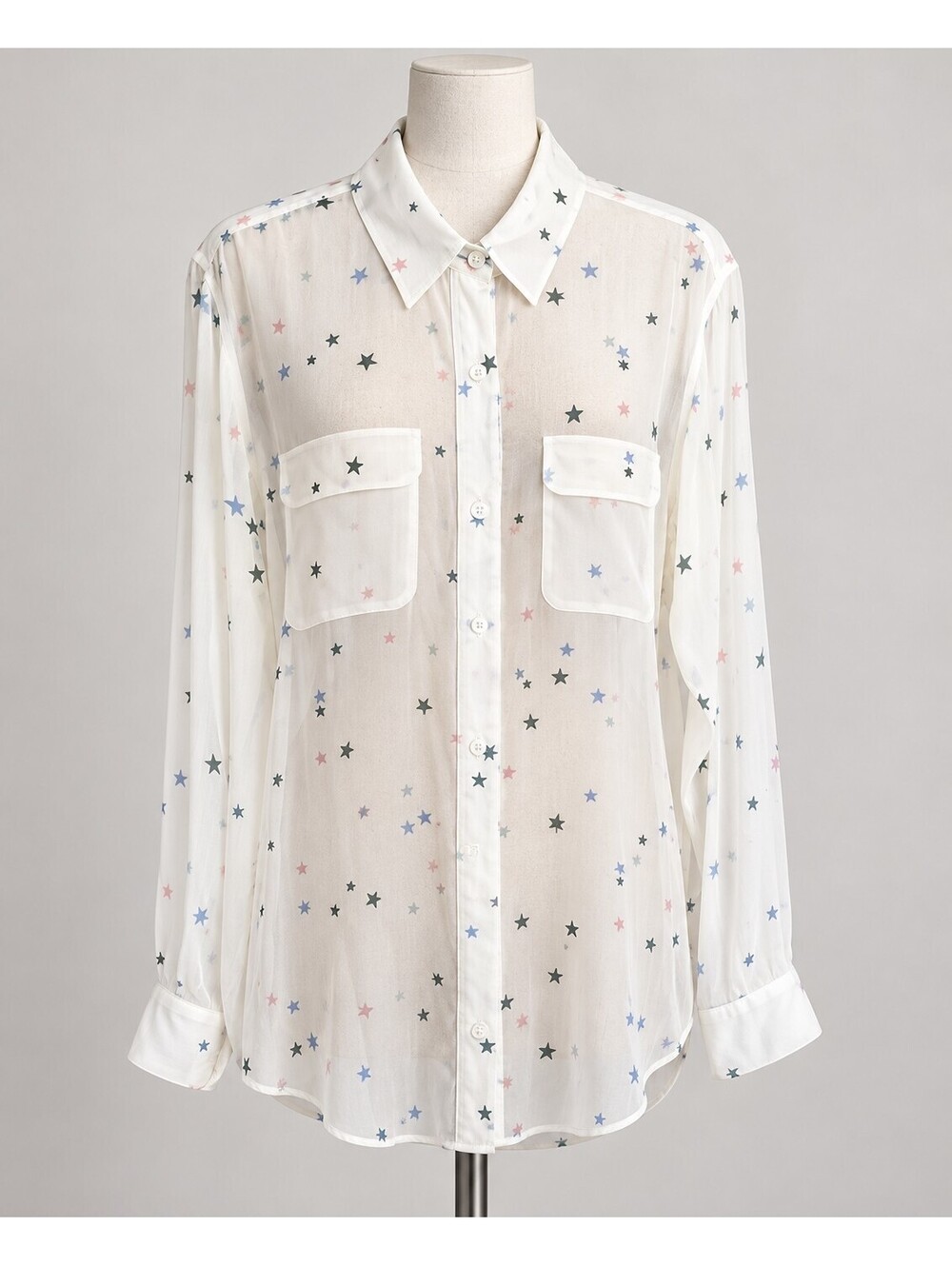 Equipment Femme XL White Multicolor Star Print Sheer Button Front Blouse